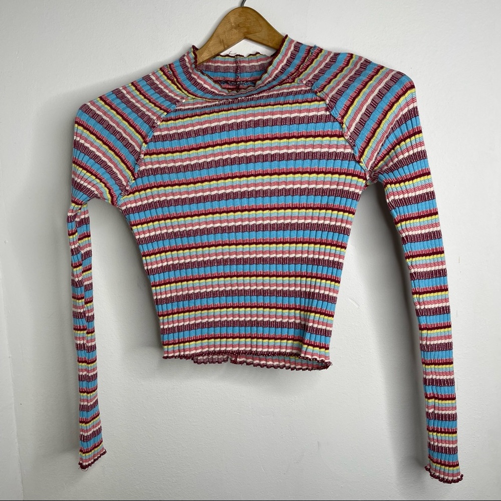 Free People Retro Mirror Blue Striped Mock Neck Ribbed Long Sleeve Crop Top Sz S - Picture 3 of 16
